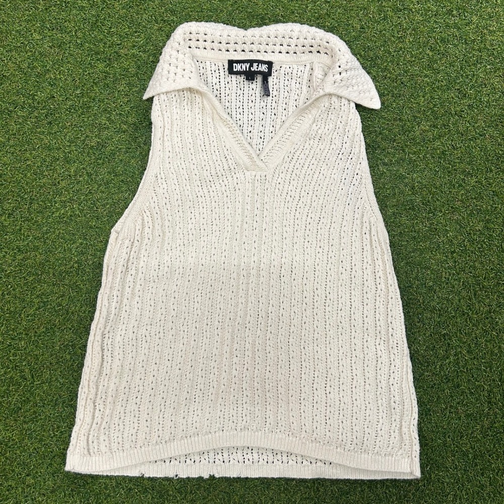 DKNY Jeans Cream Cotton Linen Knit Sleeveless V-Neck Collared Sweater Top Large